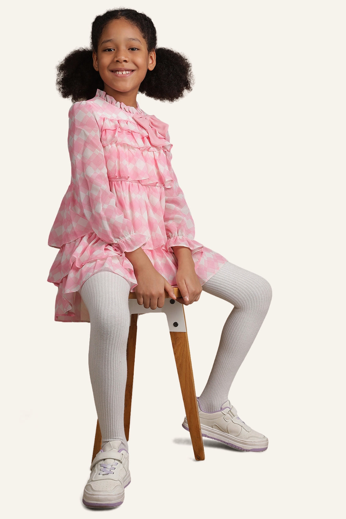 Girls Pink & White Checkered Frill Dress