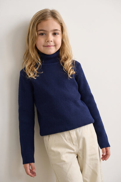 Unisex Navy Blue High Neck Flat Knit Jumper