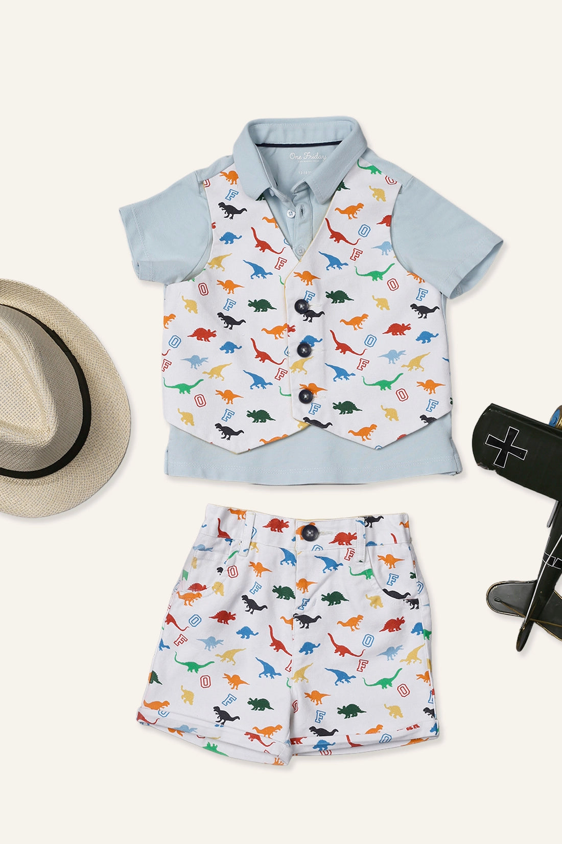 बेबी बॉयज़ ब्लू वास्कट अटैच्ड टी विथ शॉर्ट्स सेट