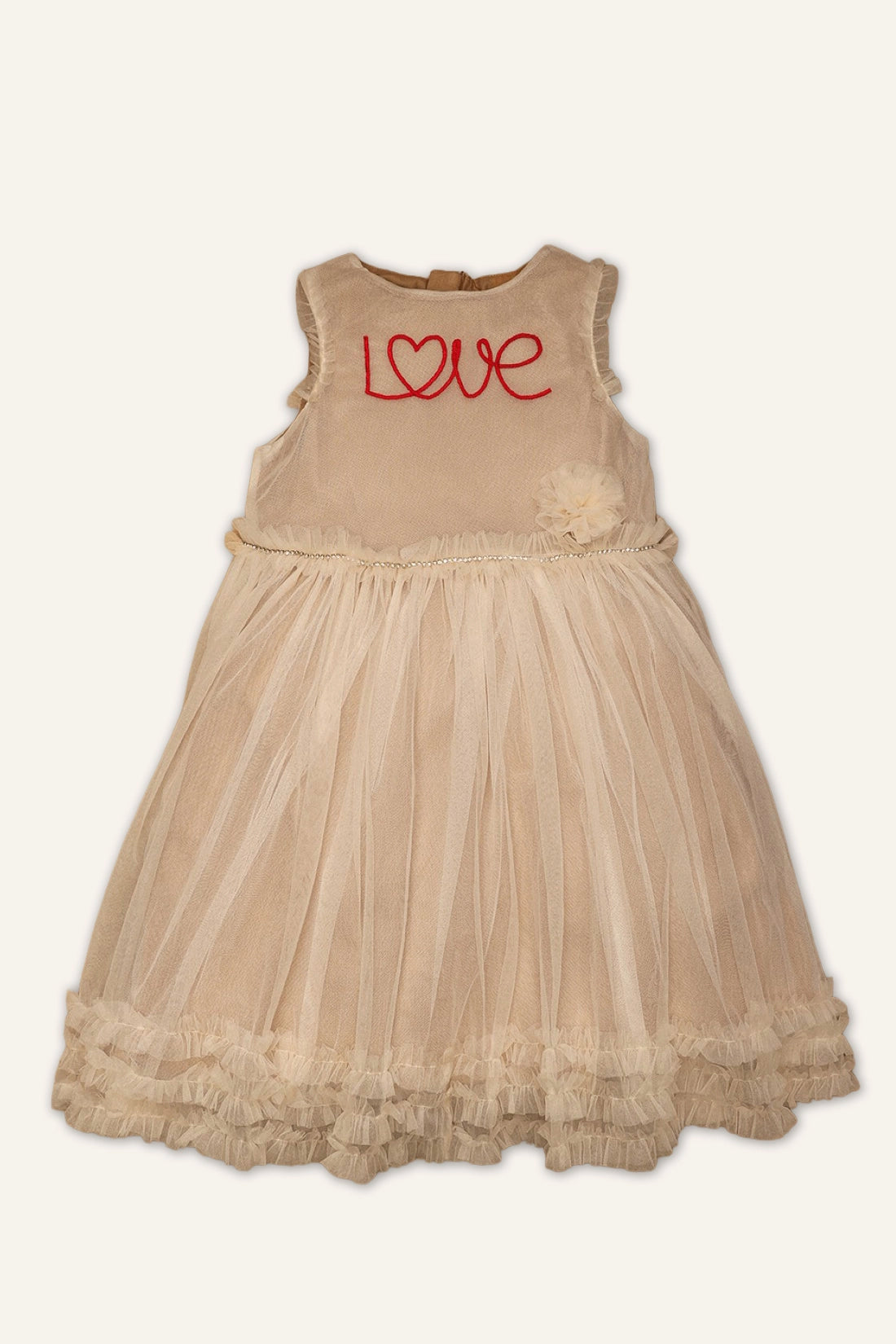 Girls Beige Netted Love Embroidered Dress