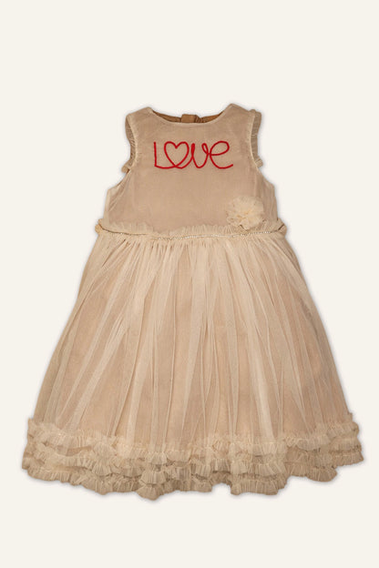 Girls Beige Netted Love Embroidered Dress