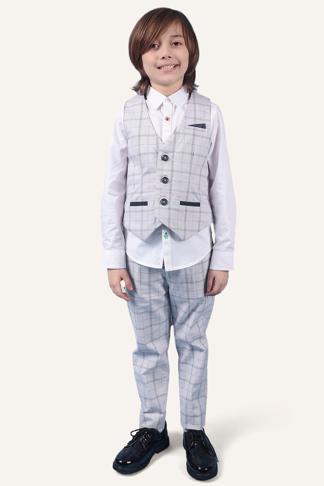 Boys 100% Cotton Grey Check Waistcoat With Front Pockets