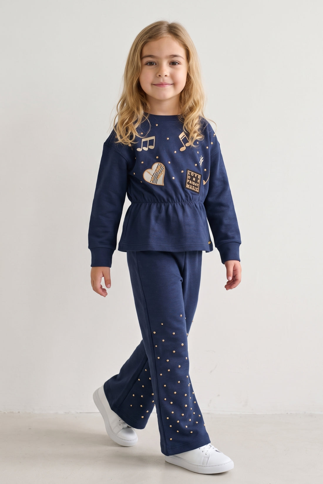 Girls Navy Blue Embellished Interlock Track Pants