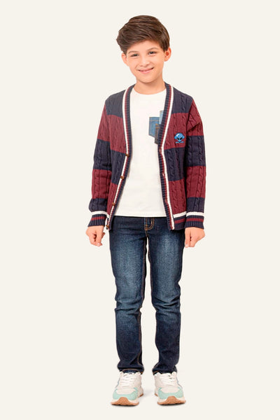 Boys  Blue & Burgundy Stripes Cardigan