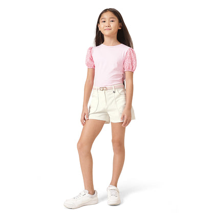 Girls White Solid Cotton Button Shorts