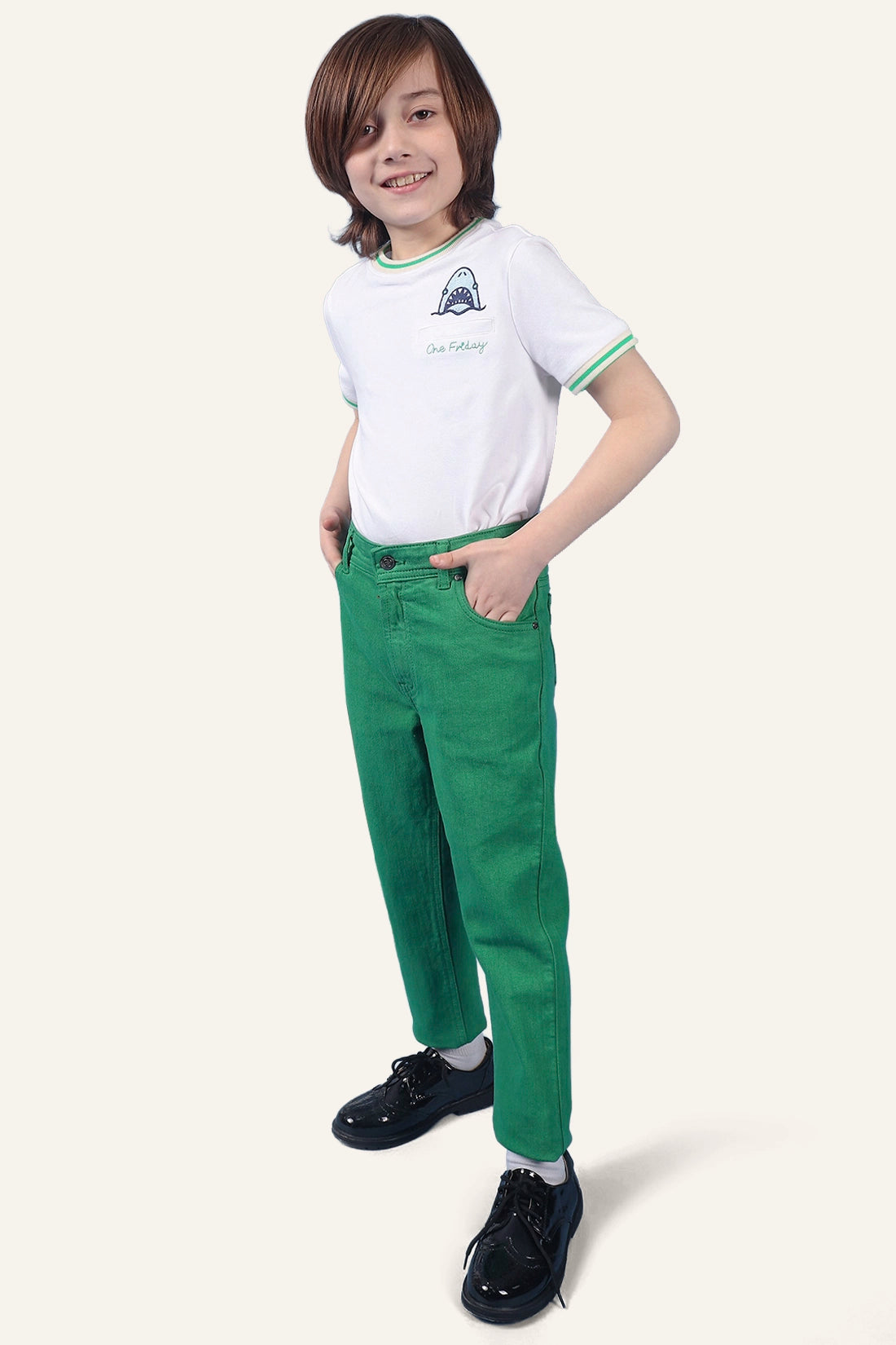 Boys Green Embroidered Jeans