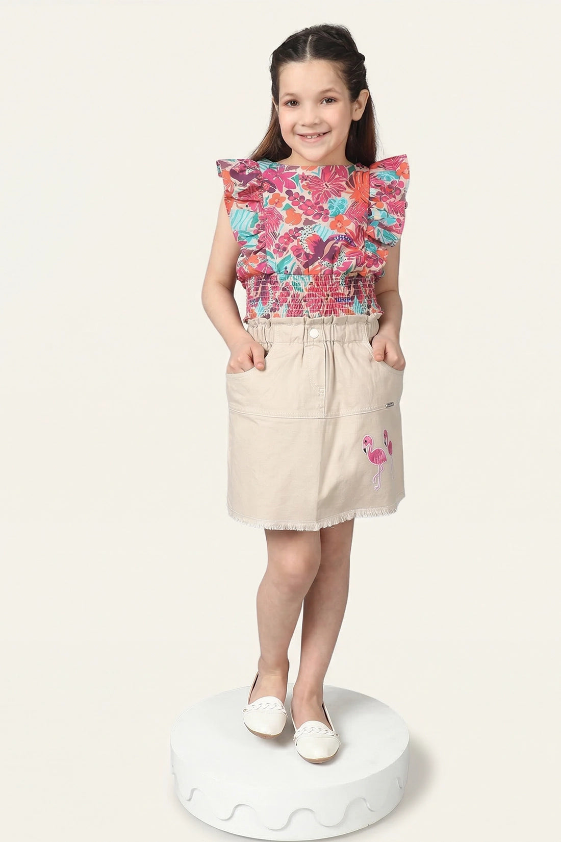 Girls Beige Embroidered Skirt