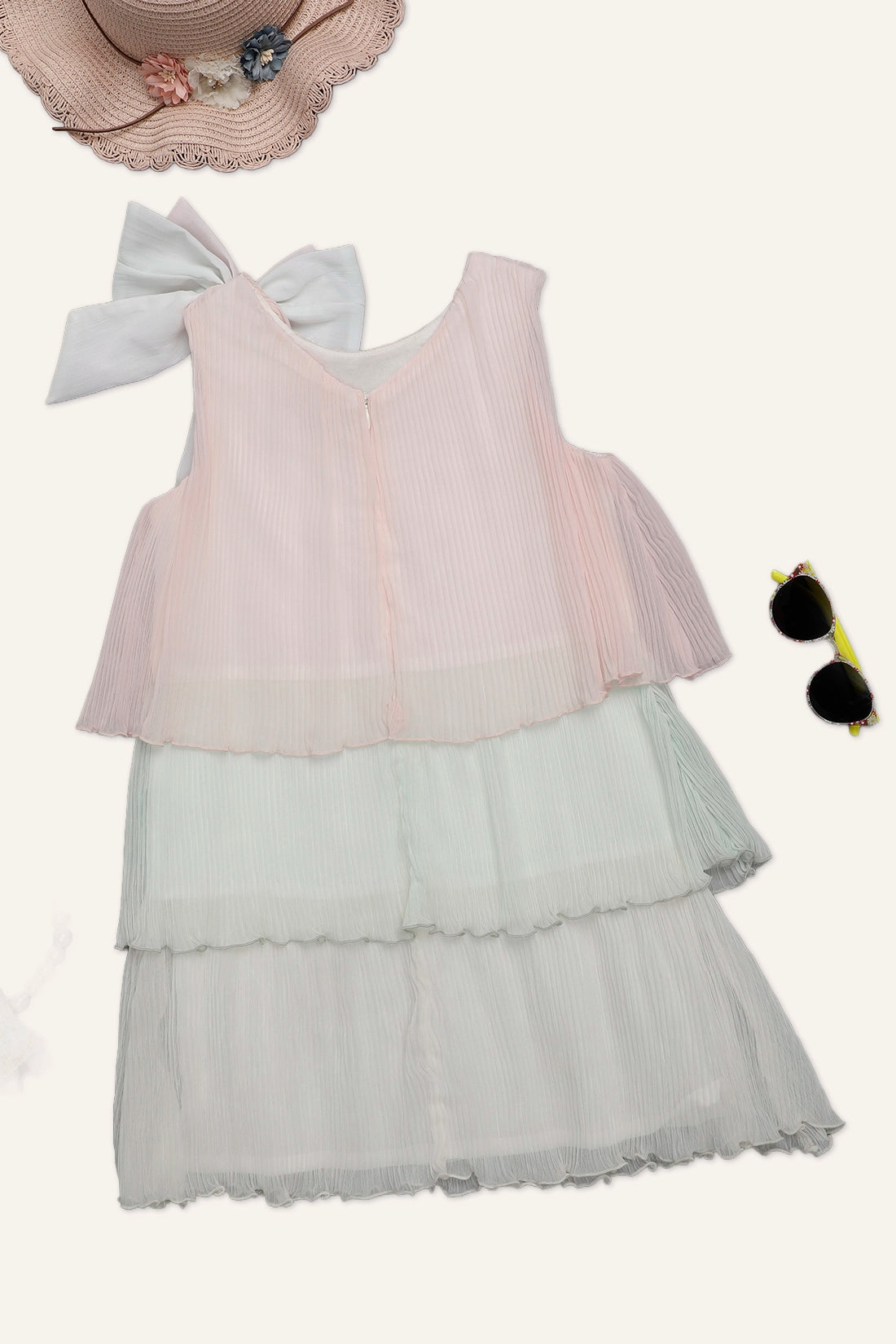 Girls Peach and White Pleated Layered Dress