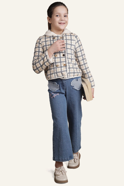 Girls Beige Checks Jacket