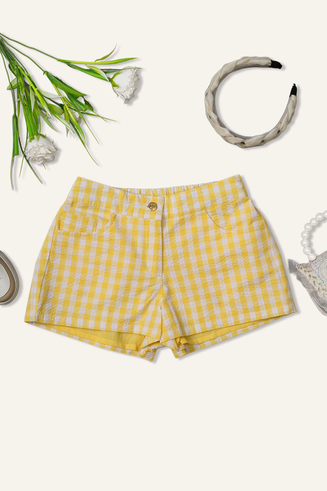 Girls Lemon Check Hot Shorts
