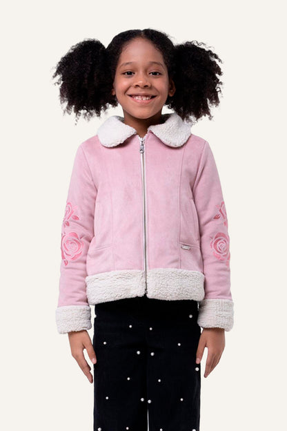 Girls Pink Jacket With Faux Fur Detail