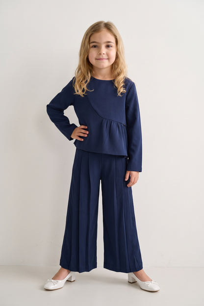 Girls Navy Blue Embellished Twill Top