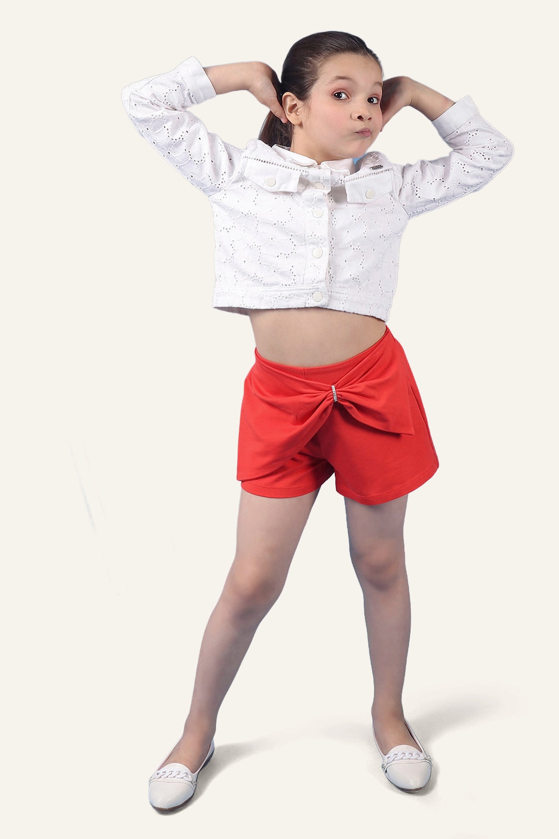 Girls Red Cotton Blend Shorts With Bow Pattern