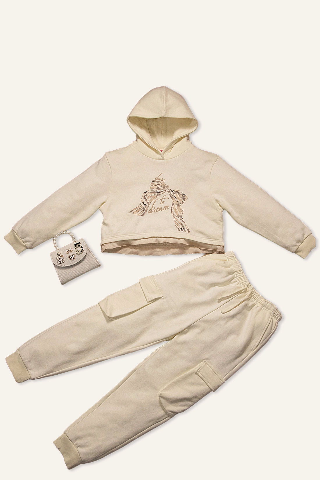 Girls Off White Solid  Sweatshirt With Trouser