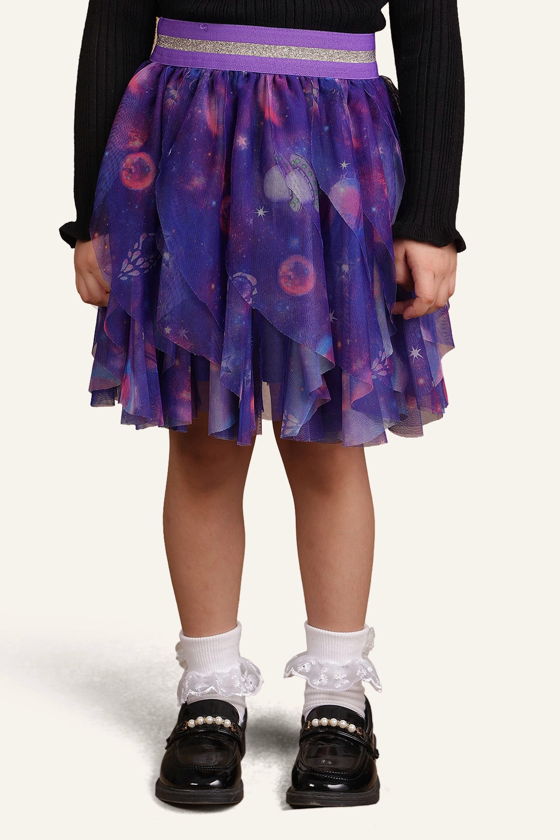 Girls Purple Cosmic Print Multilayered Skirt