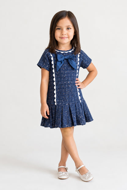 Baby Girls Navy Blue Boucle Half Sleeve Dress