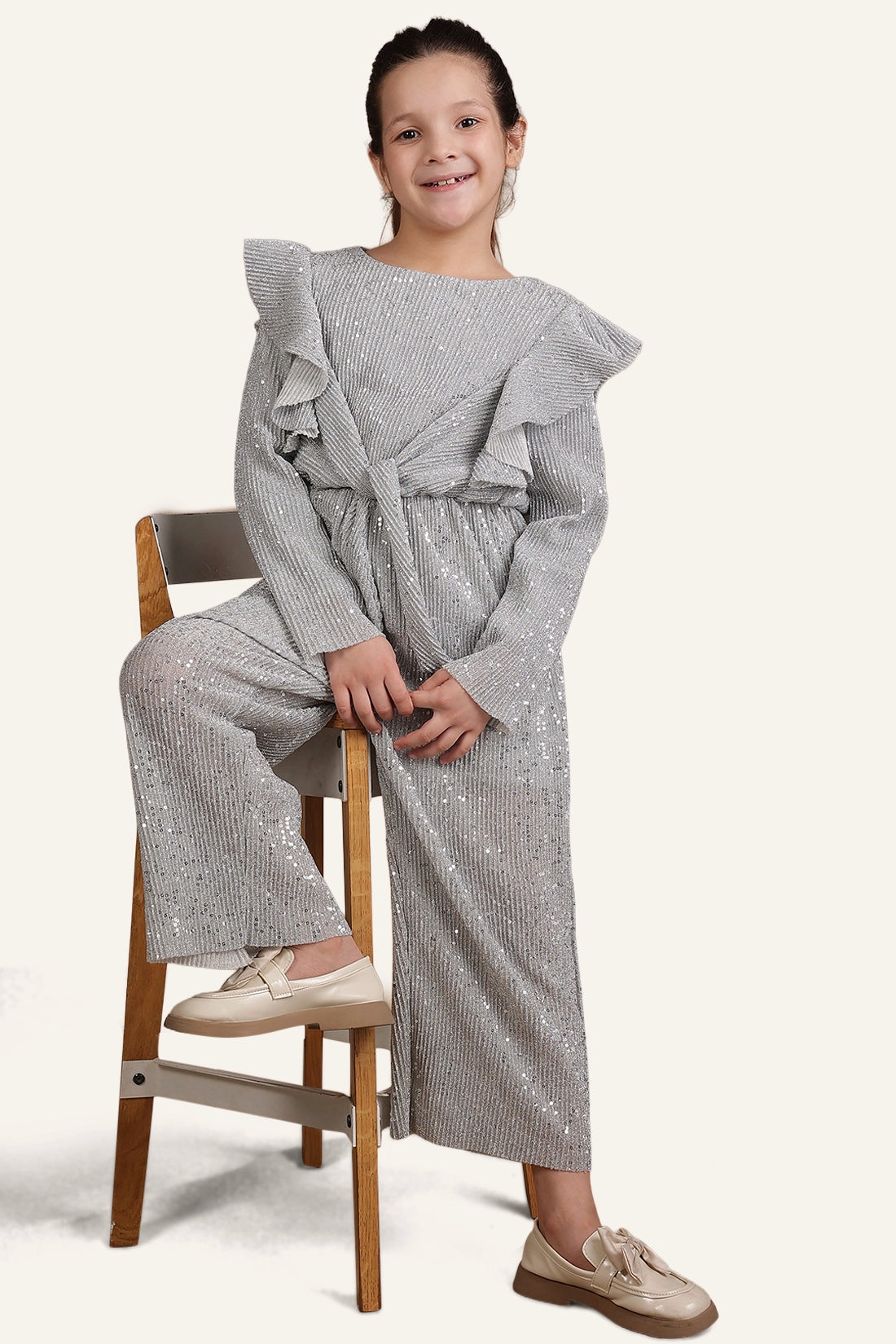 Girls Grey Sequins Jumpsuit