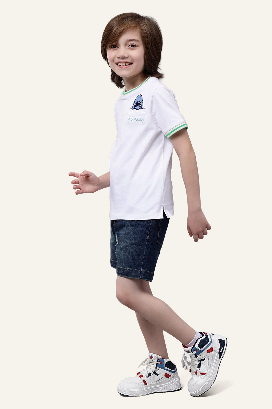 Boys 100% Cotton White Round Neck Embroidered T-shirt