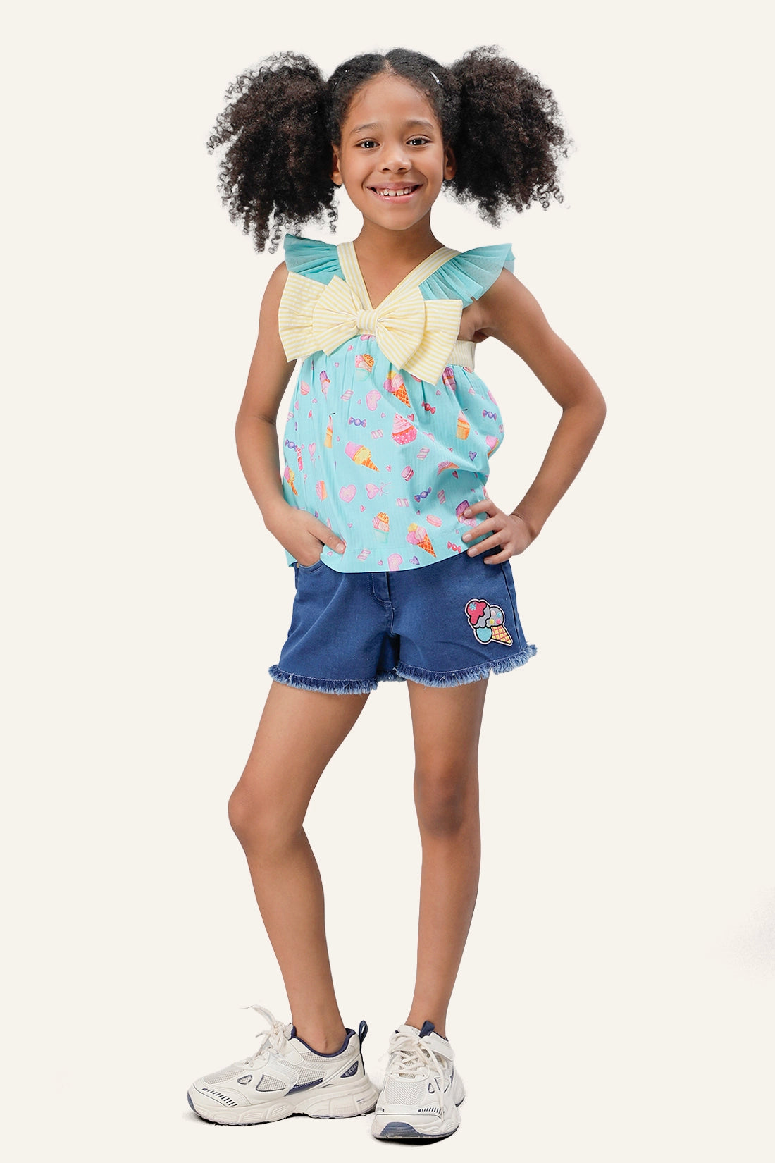 Girls Aqua Cupcake Printed Top with bow