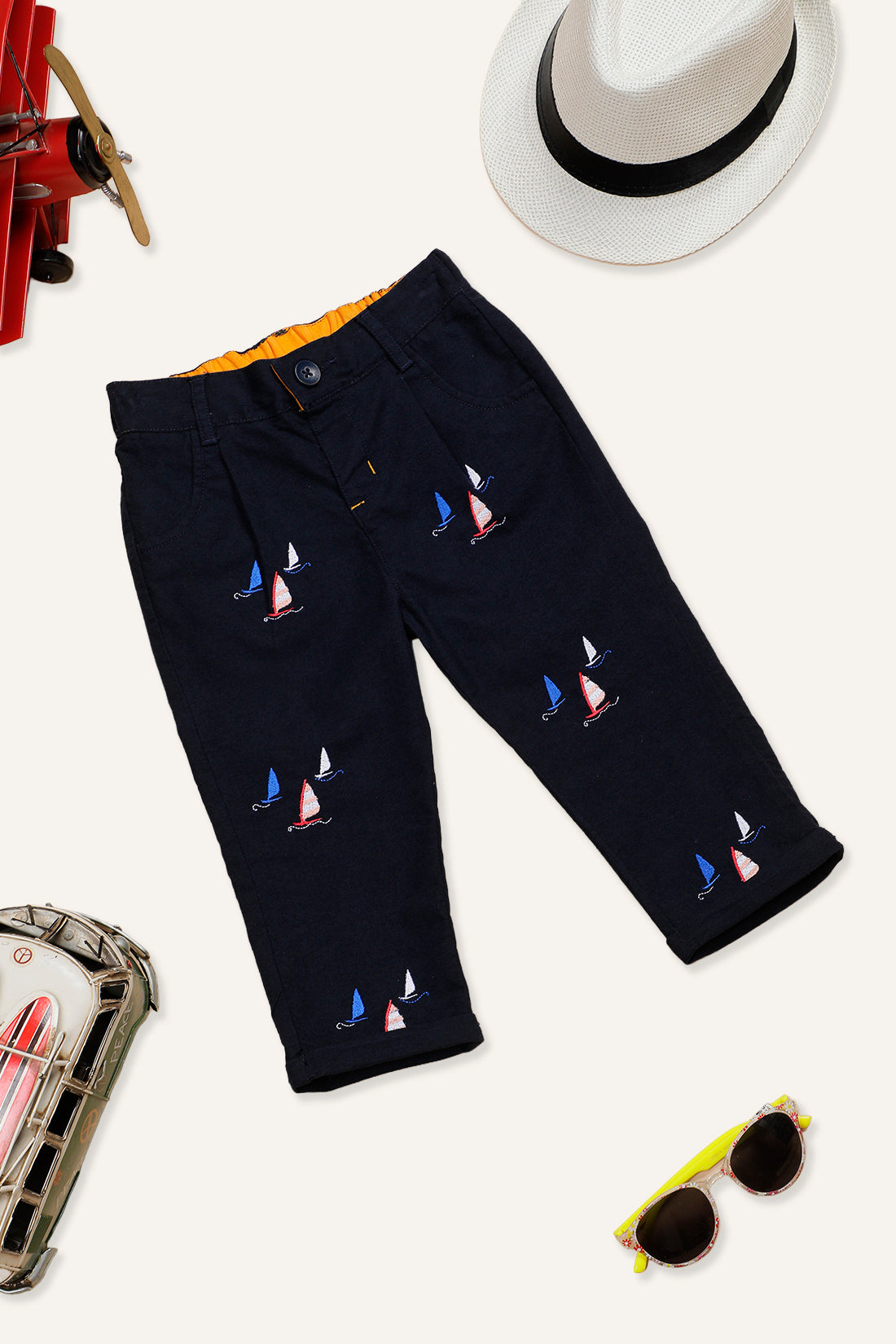 Baby Boys Navy Blue Cotton Embroidered Trouser