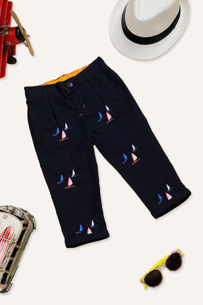 Baby Boys Navy Blue Cotton Embroidered Trouser