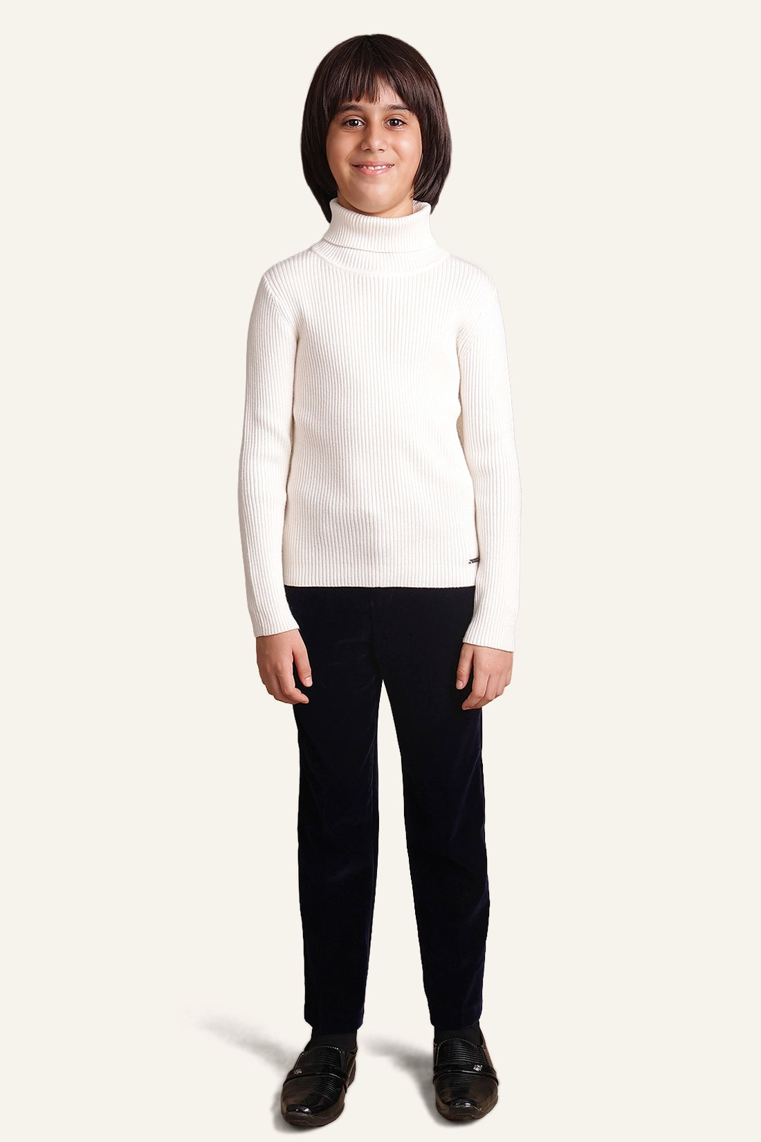 Boys Ivory White Solid Turtleneck Jumper