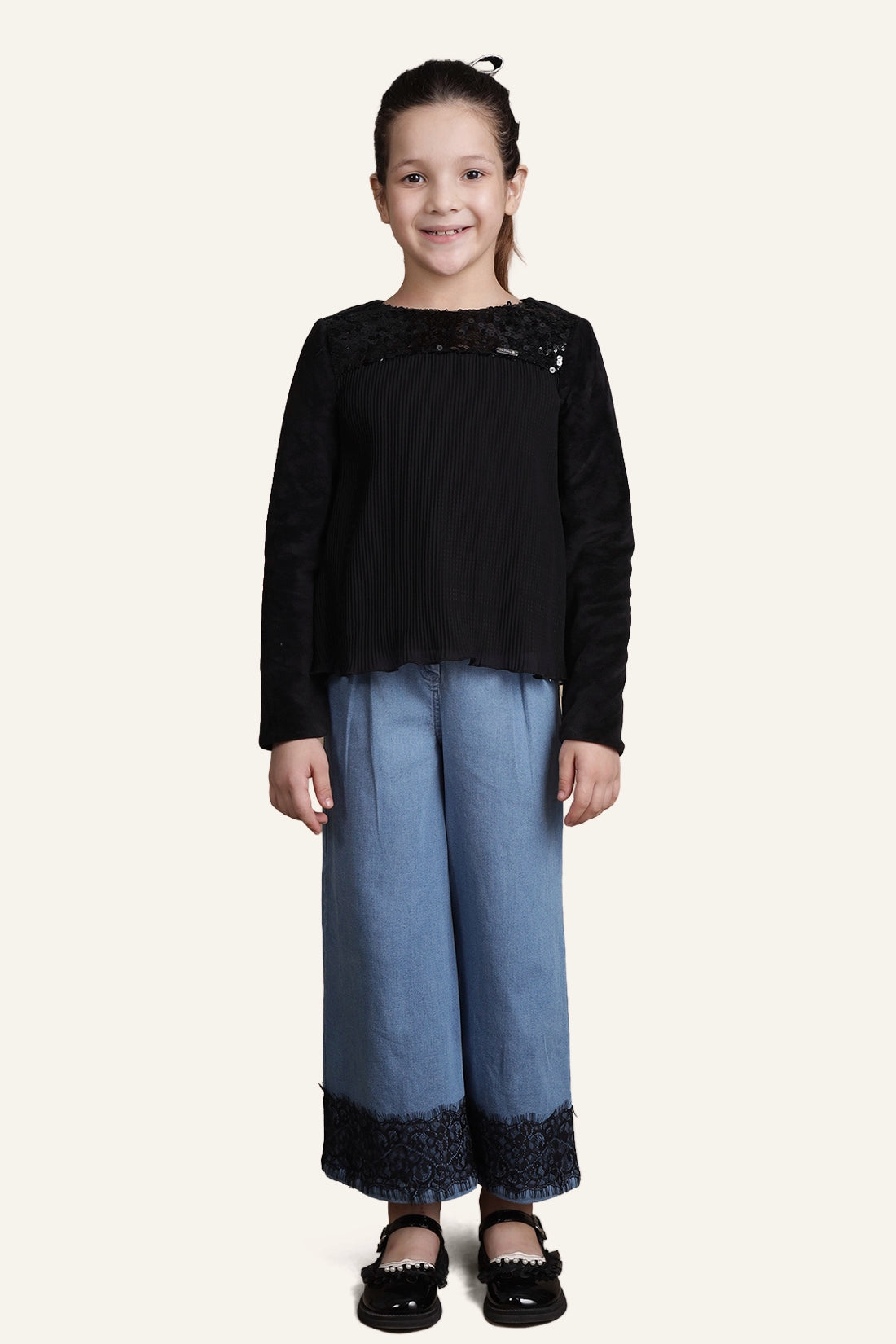 Girls Jet Black Pleated Top