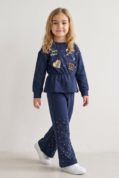 Girls Navy Blue Embellished Interlock Sweatshirt