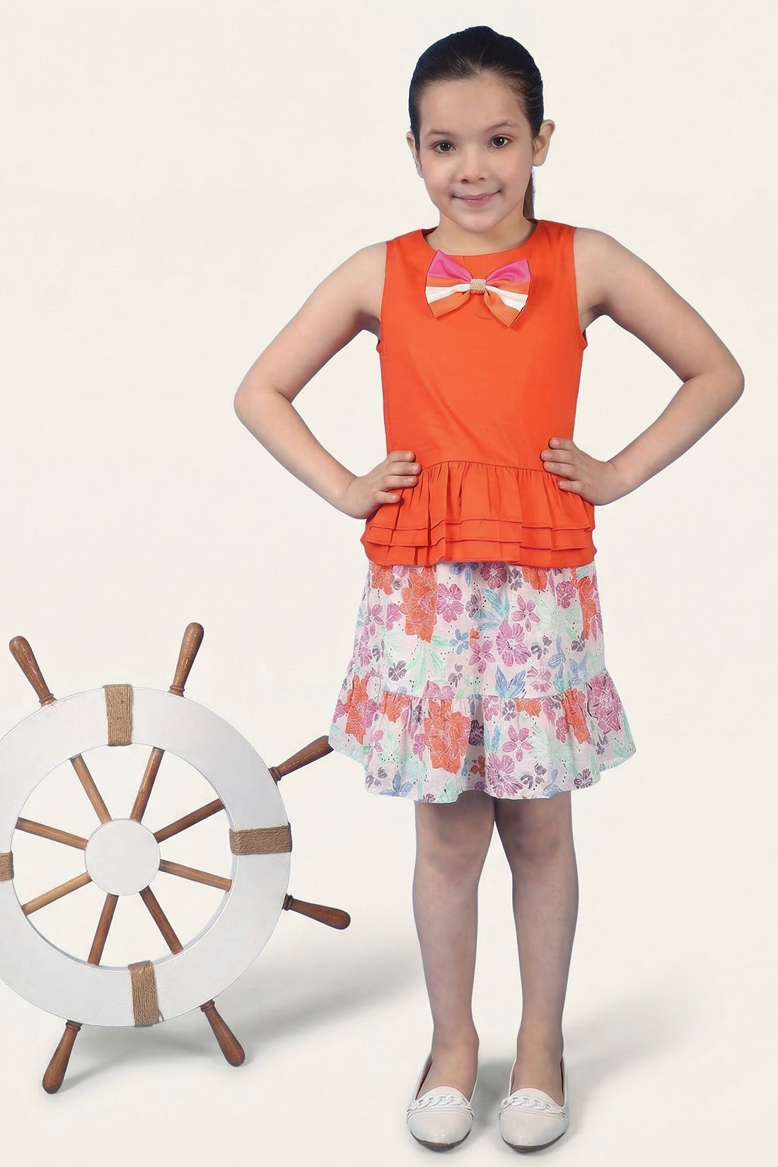 Girls Orange 100% Cotton Round Neck Peplum Top
