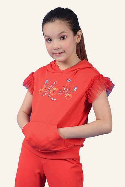 Girls Red Hooded Neckline Top