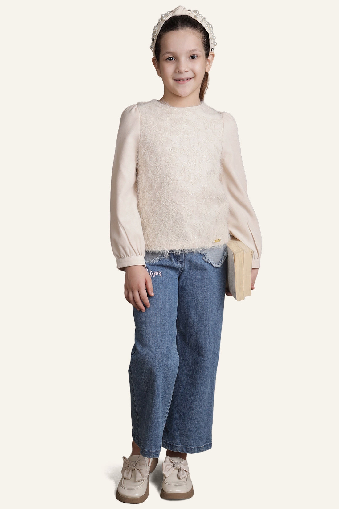 Girls Beige Laced Top