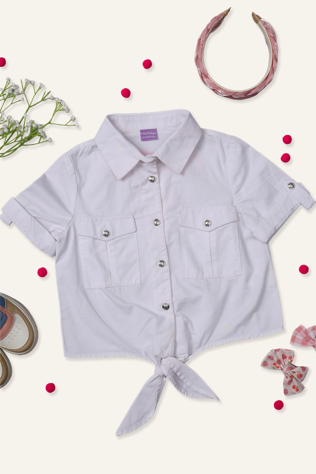 Girls White Cotton Half Sleeves Top with Tie-up Knot