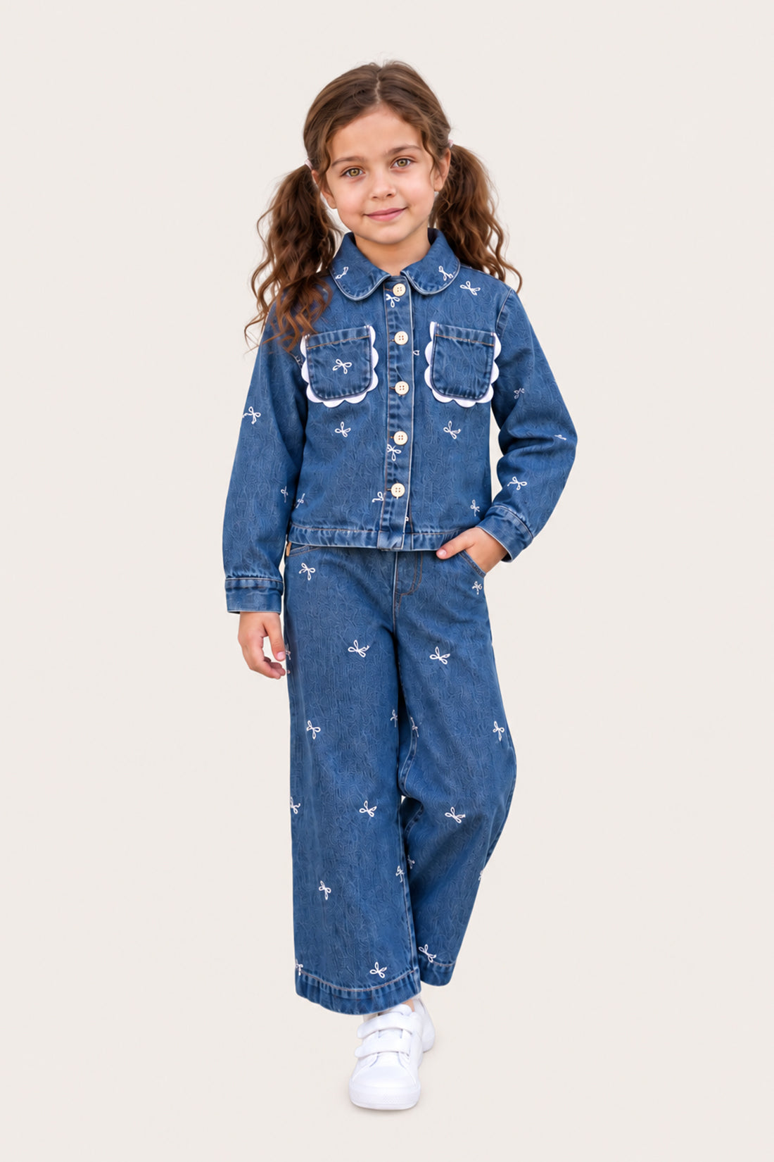 Girls Blue Embroidered Denim Straight Fit Jeans