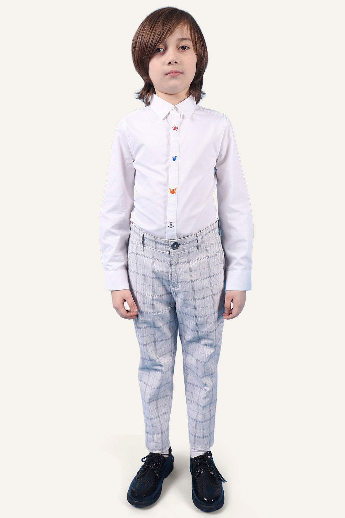 Boys 100% Cotton Grey Check Trouser With Side Pockets