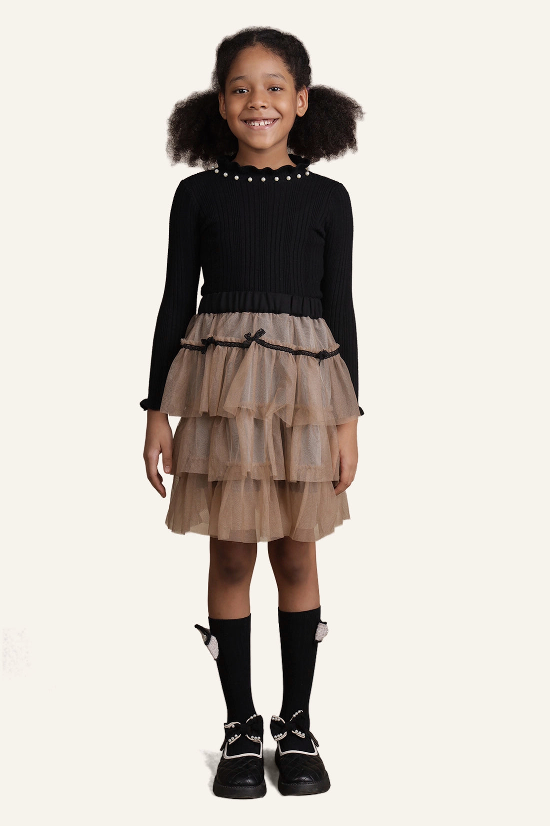 Girls Beige Layered Skirt – Flared Fit