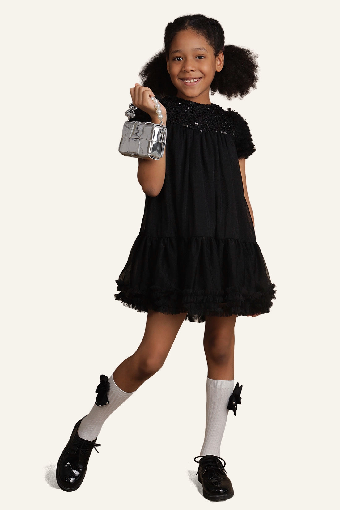 Girls Black Sequinned Embroidered Dress