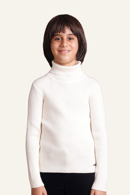 Boys Ivory White Solid Turtleneck Jumper