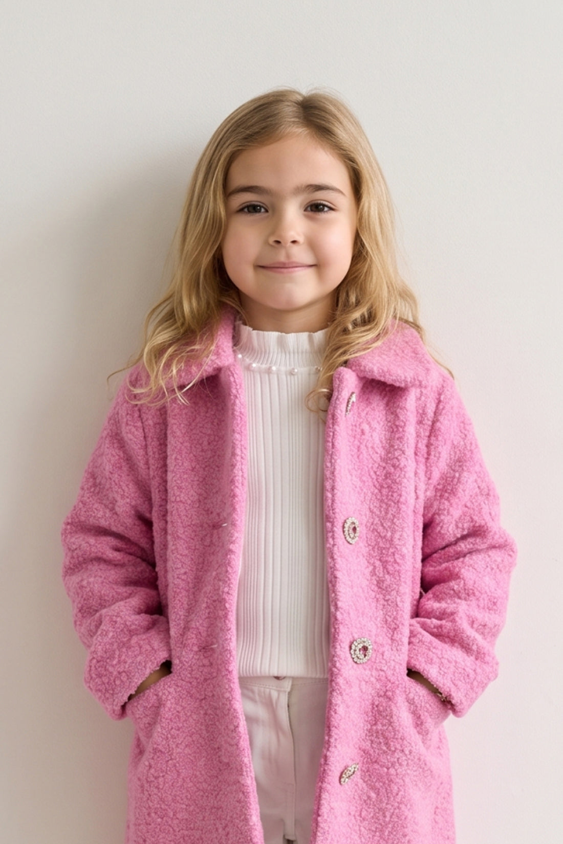 Girls Pink Boucle Satin-Lined Buttoned Overcoat