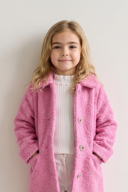 Girls Pink Boucle Satin-Lined Buttoned Overcoat