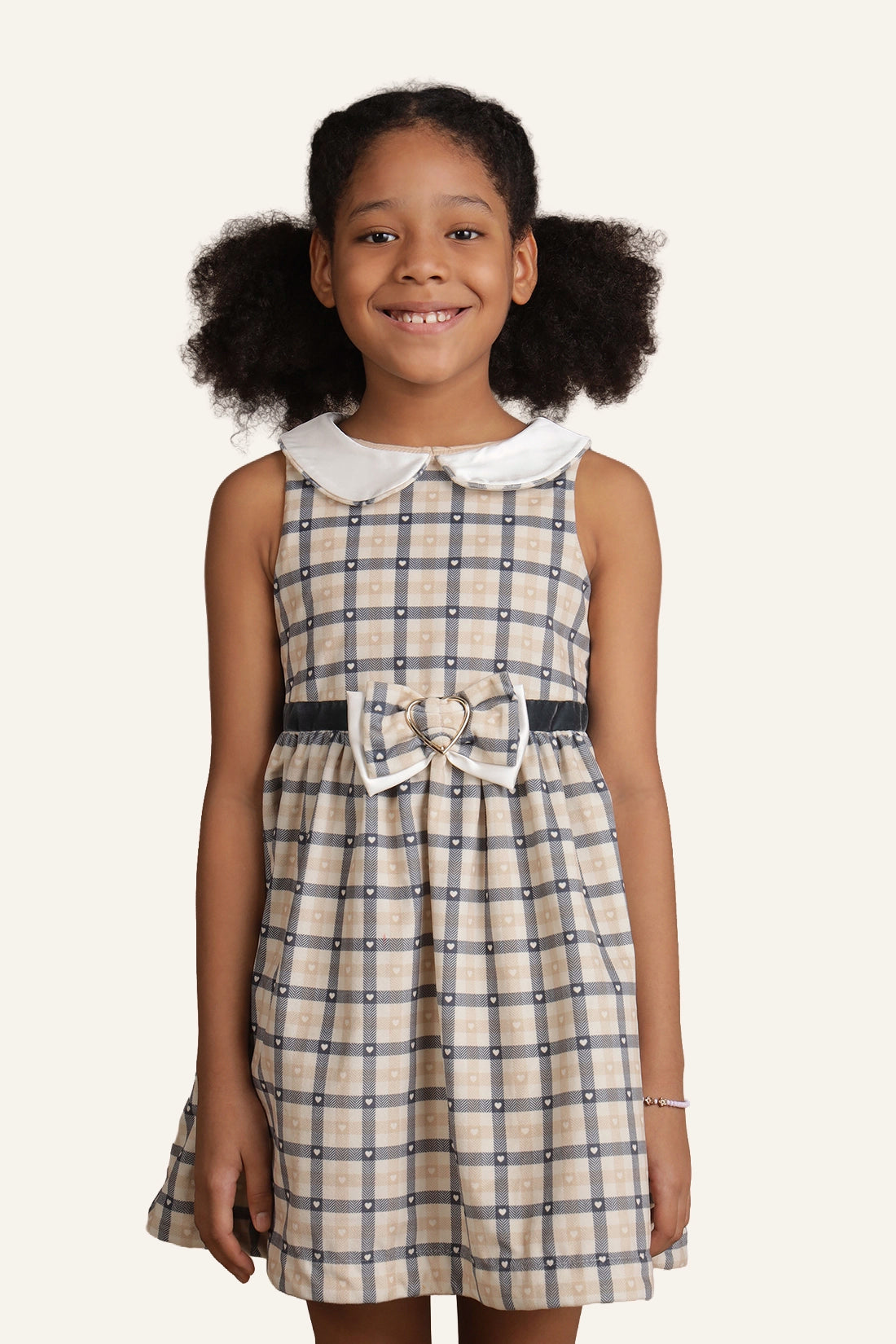 Girls Beige Checks Dress