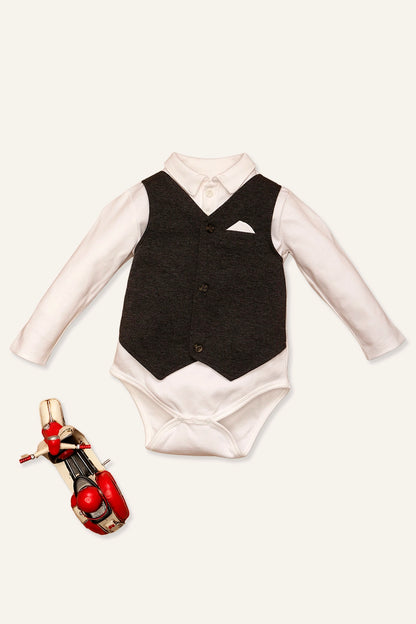 Baby Boys Grey Romper With Waistcoat