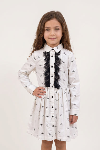 White Printed Corduroy Shirt Collar Dress