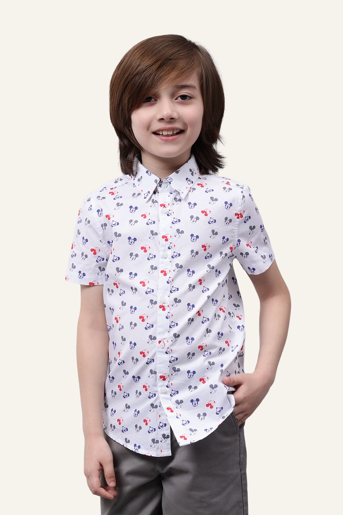 Boys White Mickey Printed Shirt
