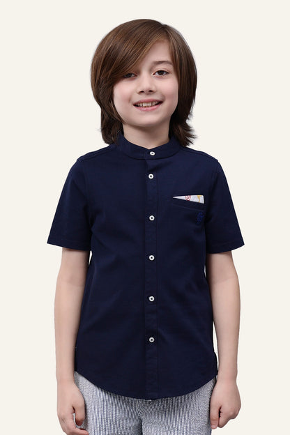 Boys Navy Blue Chinese Collar Shirt