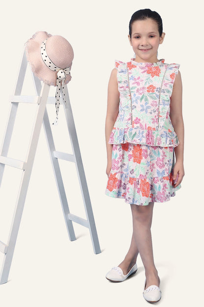 Girls Beige Printed Tiered Skirt With Elasticated Waistband