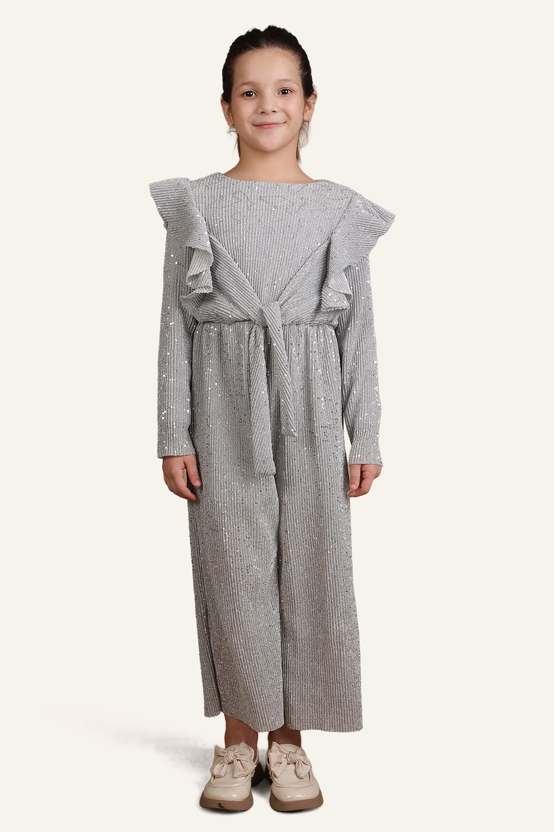 Girls Grey Sequins Jumpsuit