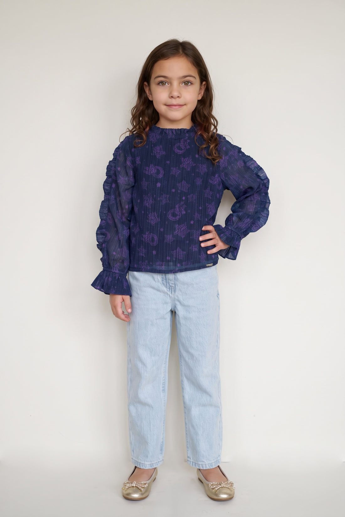 Girls Navy Blue Printed Chiffon Button-Front Top