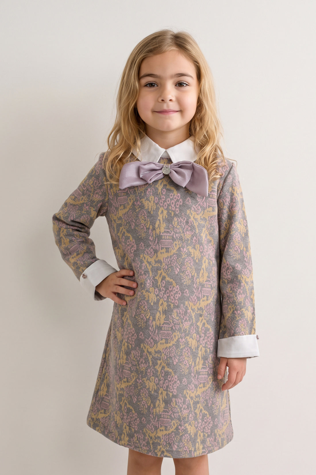 Multi Colour Jacquard Shirt Collar Sleeveless Dress