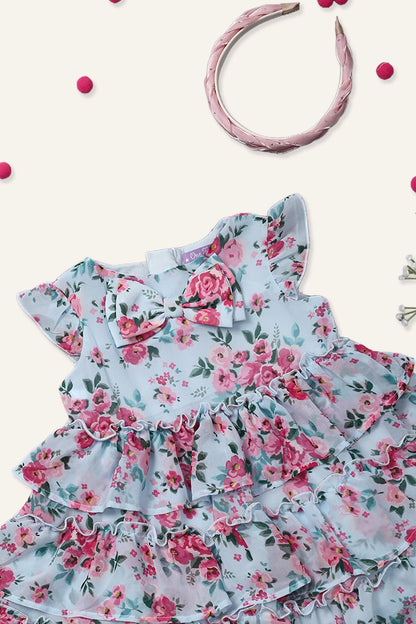 Girls Pink Rose Printed Blue Dress