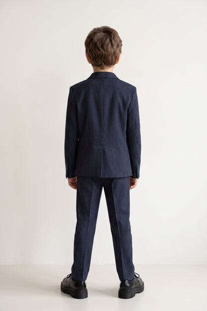 Boys Navy Blue Striped Twill Zip Trousers